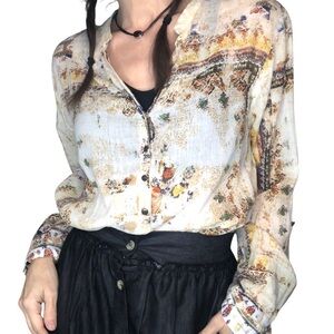 J.A.K. Button Down Blouse Top Sz XL Cotton Roll Tab Casual Boho Chic Retro